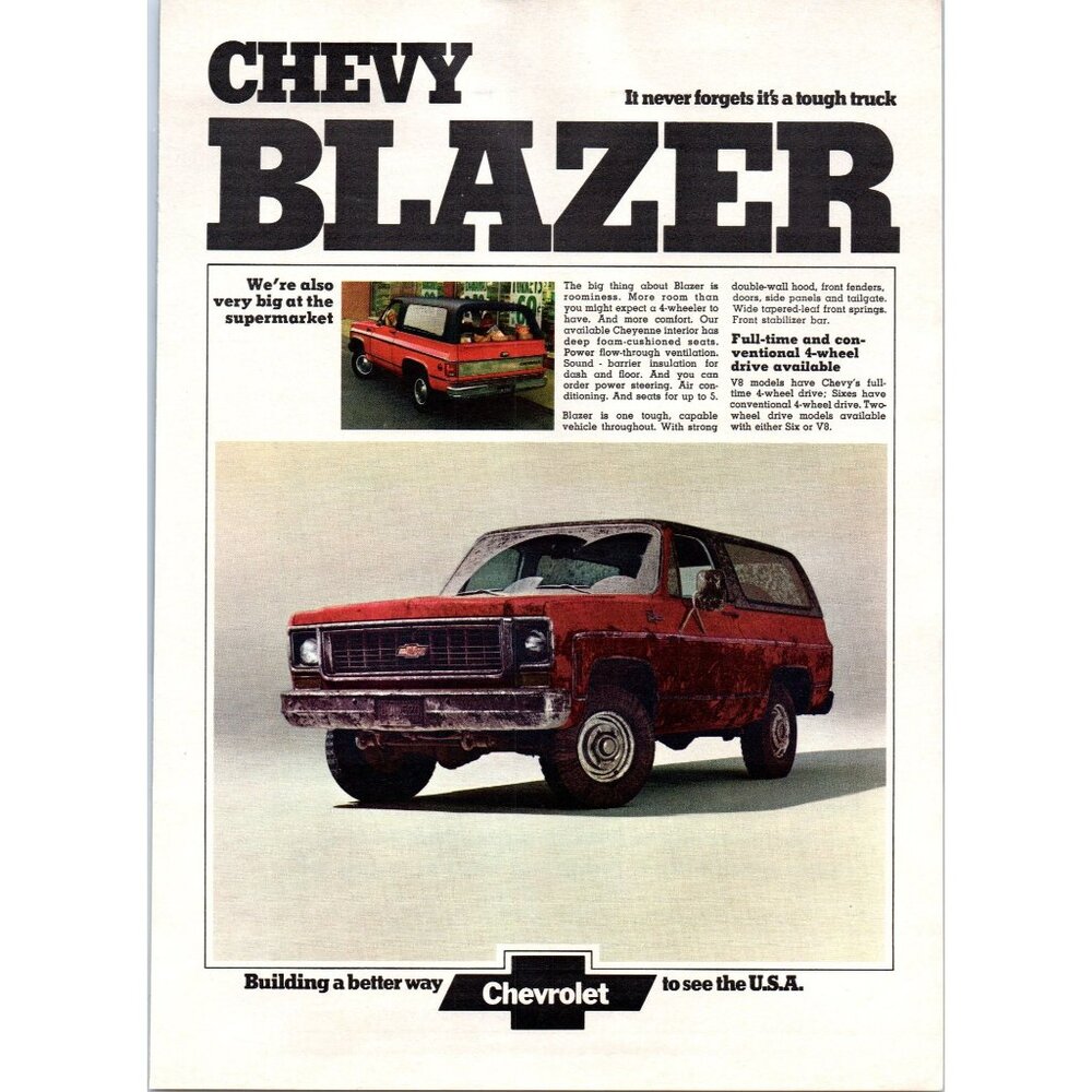 1974 Chevy Blazer 4x4 SUV Vintage Print Ad Muddy Mudding Off Road Wall Art